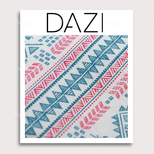 Aztec Fabric Swatch Sample. 3" x 4" fabric sample on cardstock. White background with red and blue tribal aztec pattern.
