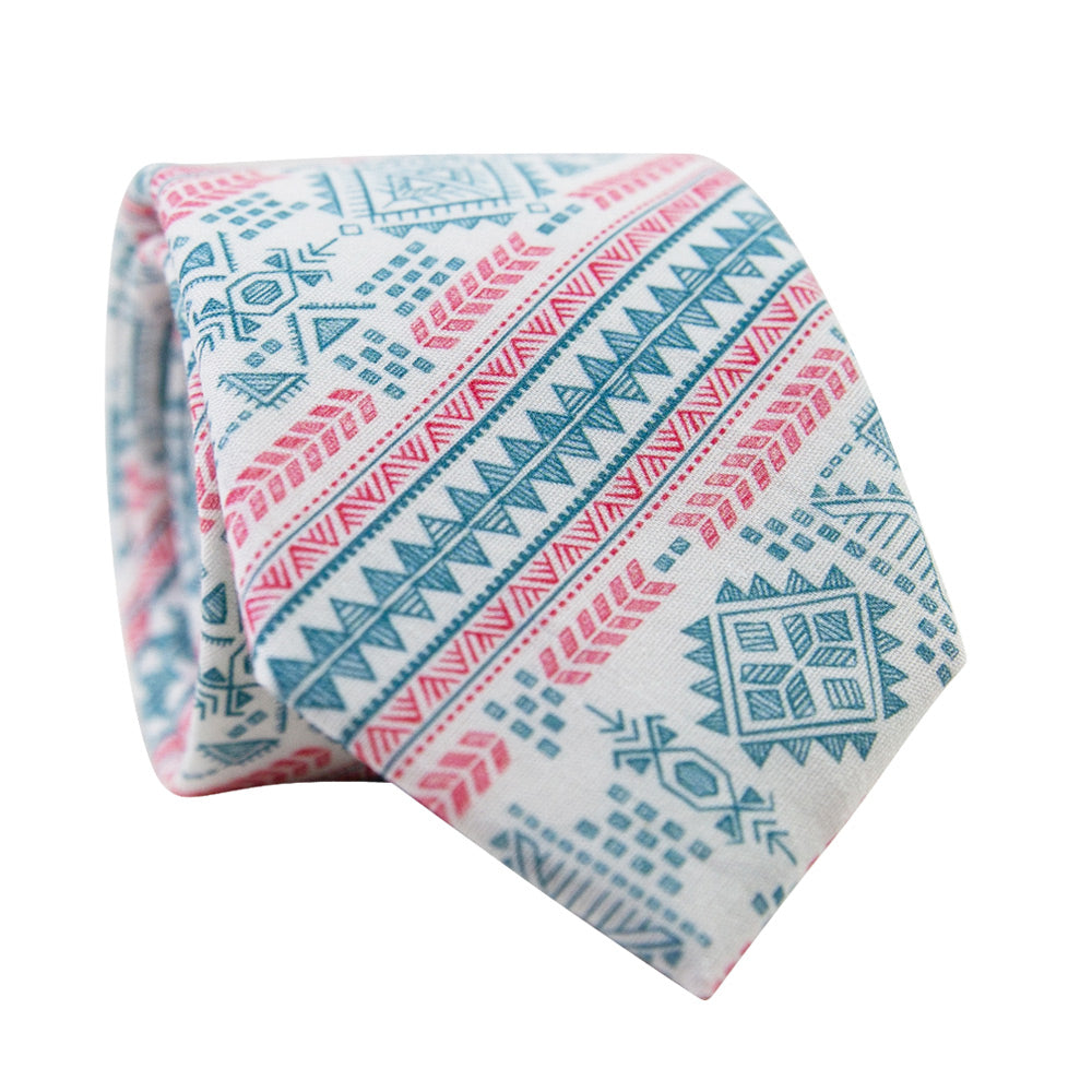 Aztec Skinny Tie. White background with red and blue tribal aztec pattern.
