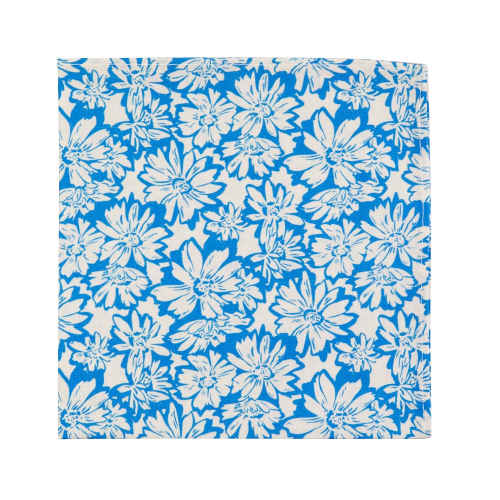 Blue Daisy Pocket Square. Light cream background with big blue daisy flowers.
