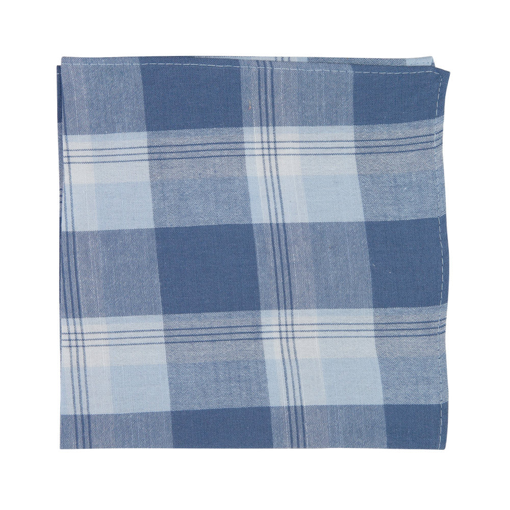 Blue Lagoon Pocket Square. Plaid pattern with various size stripes of blue and white. 