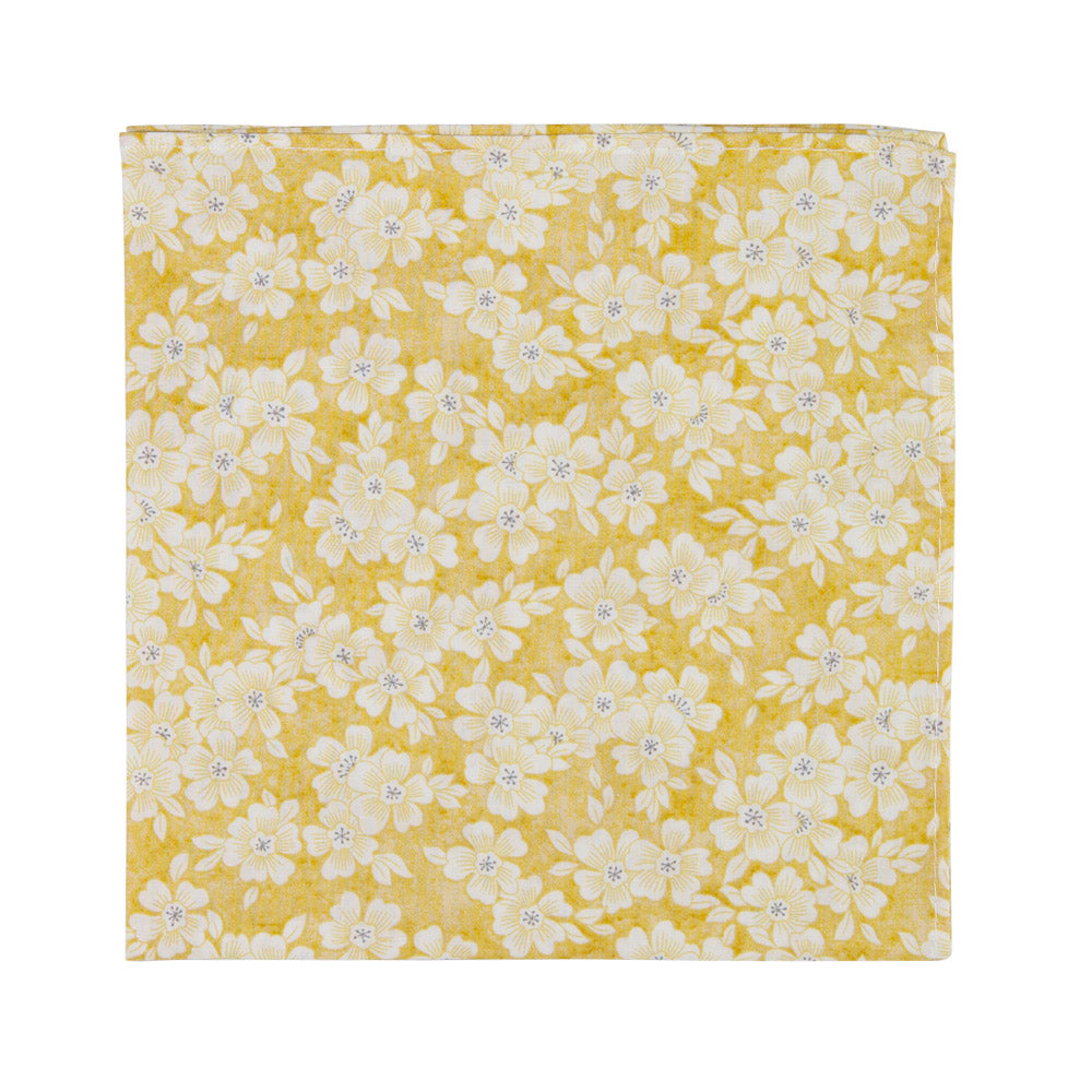 Daisy Pocket Square. Yellow background with small white and yellow flowers throughout. 