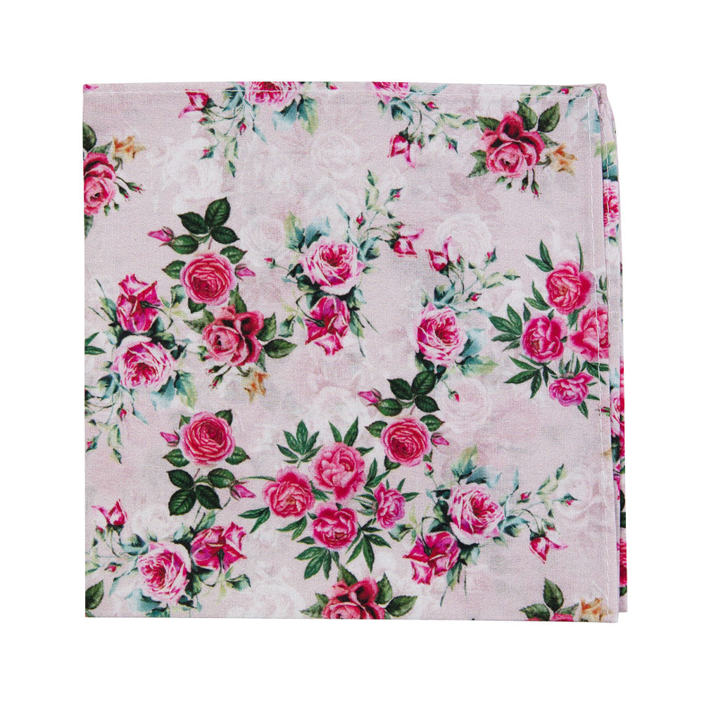 Rose Garden Pocket Square. Light blush pink background with small pink roses and green leaves.