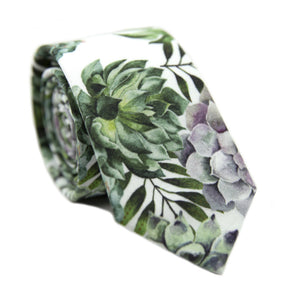 Aloe Skinny Tie. White background with big green succulents and leaves, and also purple succulents.