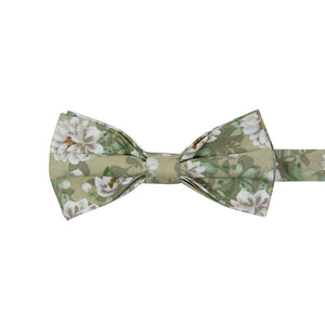 Alyssum Pre-Tied Bow Tie. Light sage green background with medium white flowers and green leaves patterned throughout.