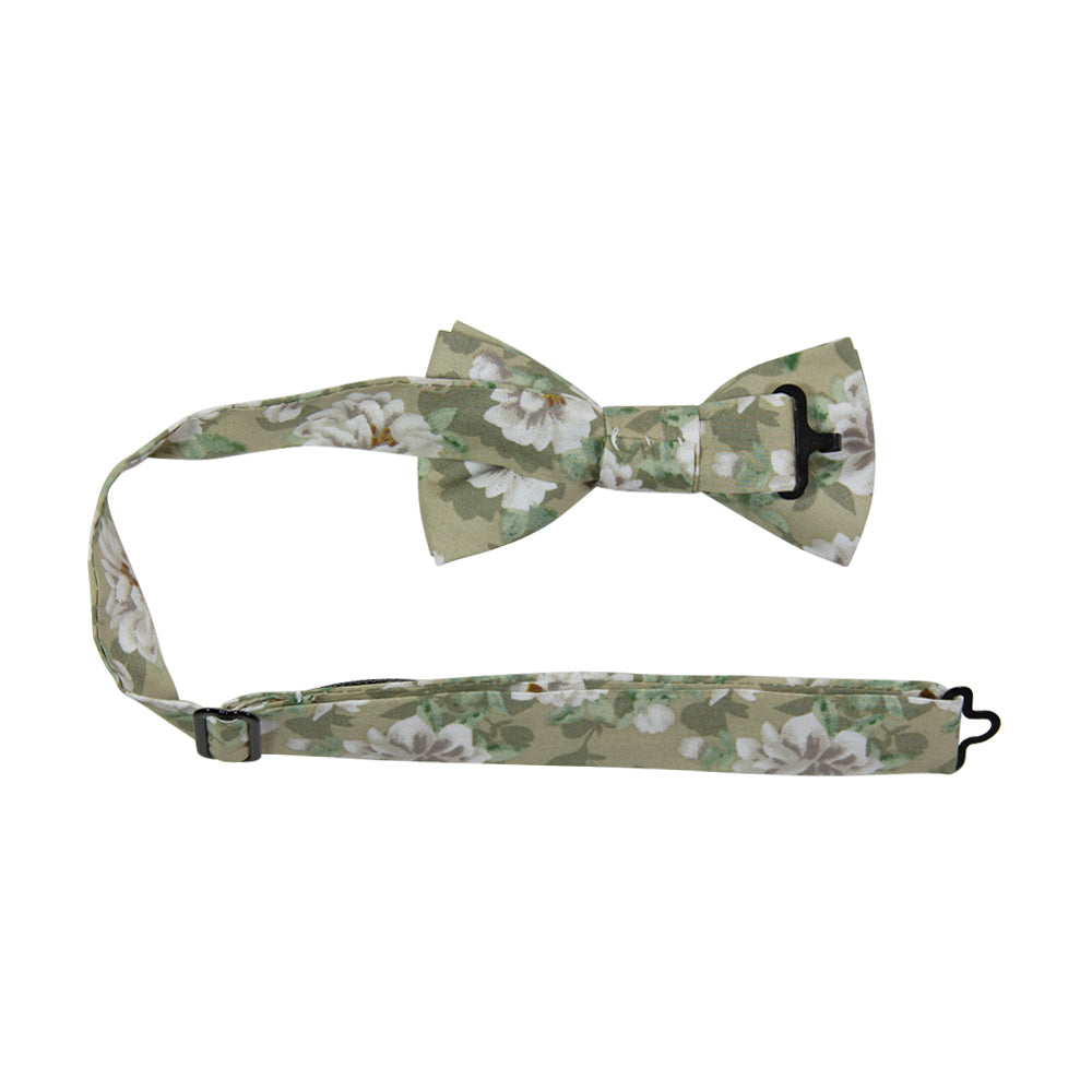 Alyssum Pre-Tied Bow Tie with adjustable neck strap. Light sage green background with medium white flowers and green leaves patterned throughout.