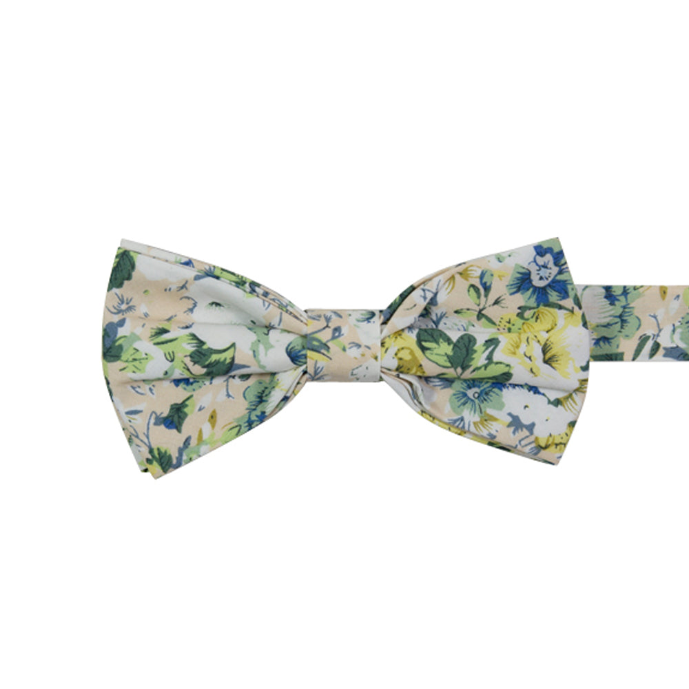 Antiquity Pre-Tied Bow Tie. Off-white cream background with a variety of white, sage green, yellow gold and light navy blue flowers scattered throughout.