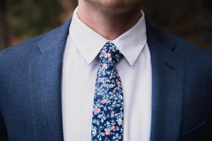 Atlanta tie worn with a white shirt and blue suit jacket. 
