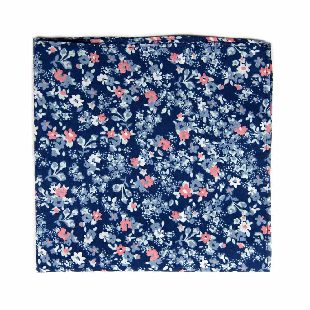 Atlanta Pocket Square. Navy background with small dusty blue, white, and blush pink flowers.