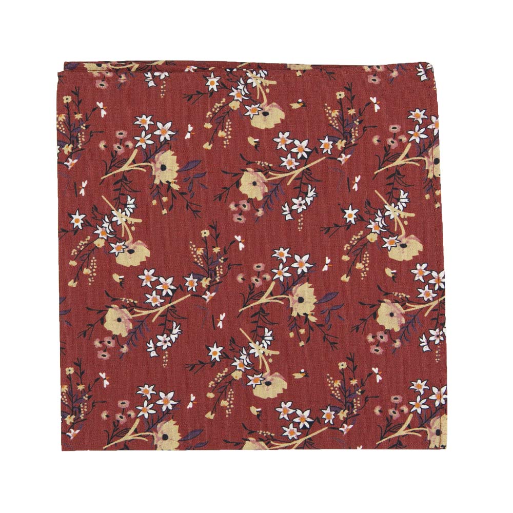 Autumn Pocket Square. Red background with tan, peach and white flowers with black stems and leaves.