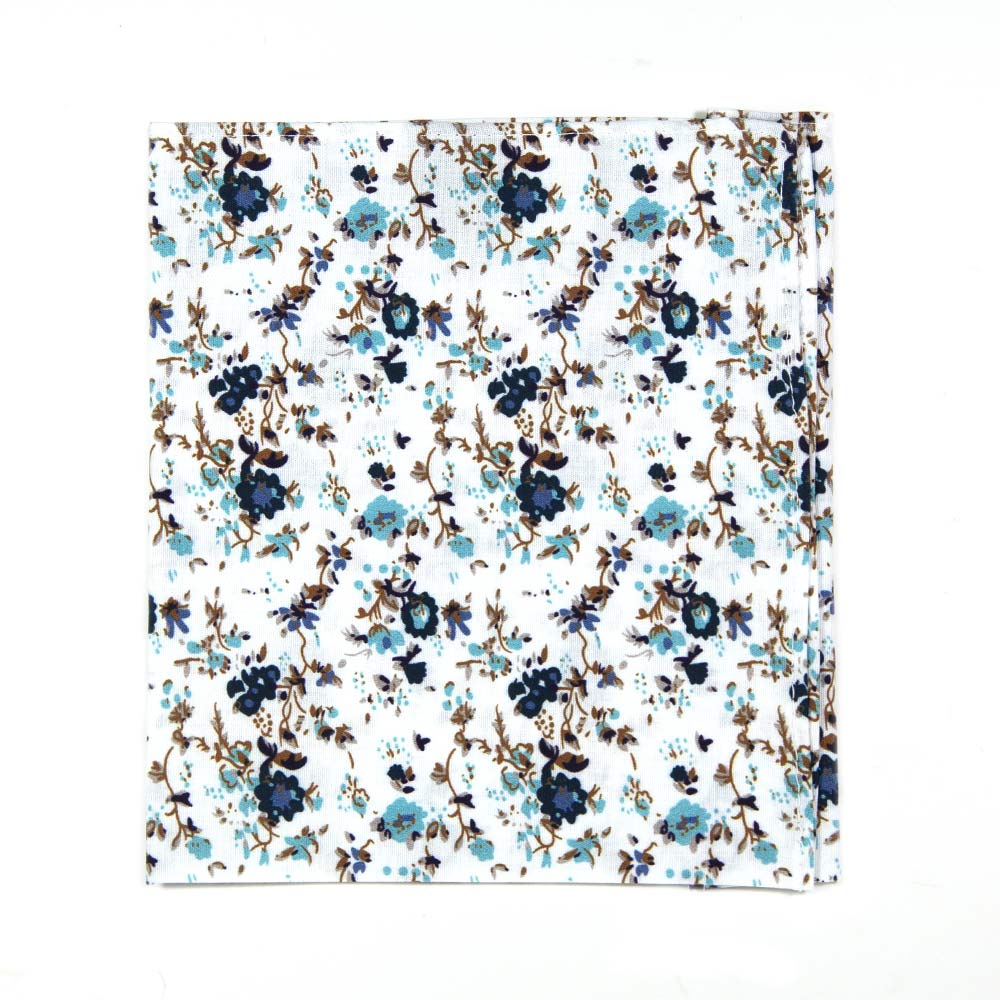 Blue Bloom Pocket Square. White background, navy and light blue flowers, brown branches.