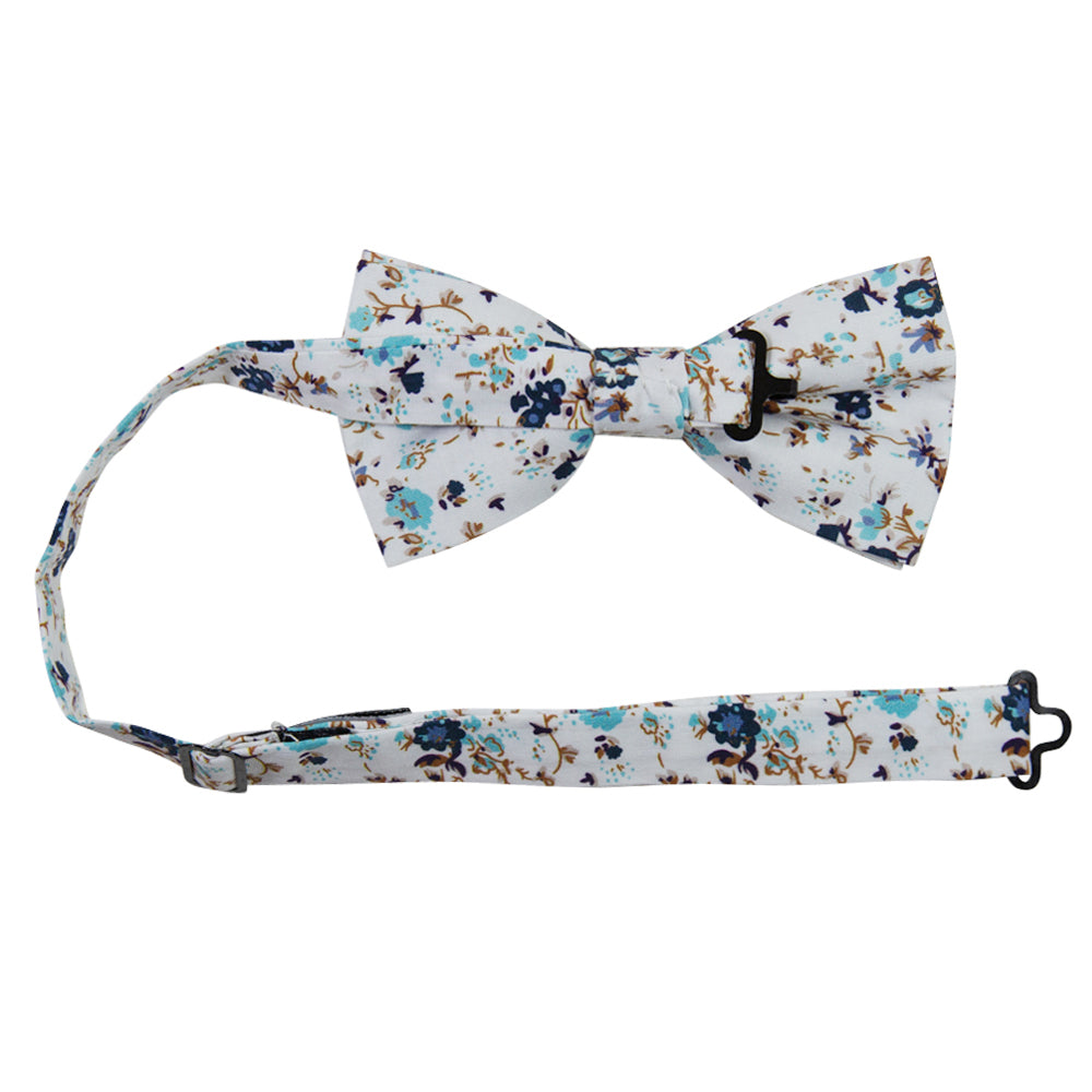 Blue Bloom Pre-Tied Bow Tie with adjustable neck strap. White background, navy and light blue flowers, brown branches.