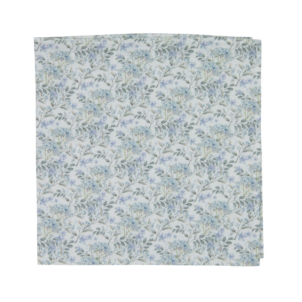 Bluebell Pocket Square. White background with small dusty blue flowers and sage green stems and leaves throughout.