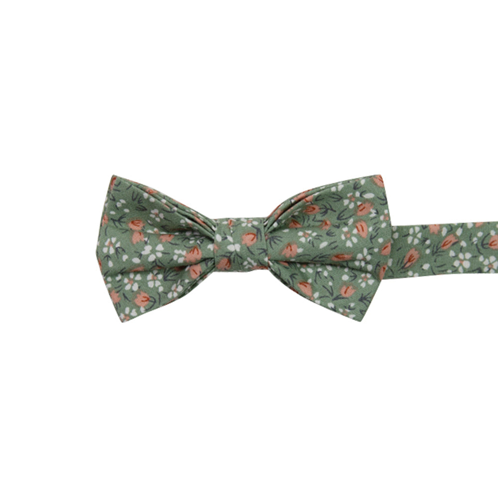 Calla Lily Floral Pre-Tied Bow Tie. Sage green background with small white and coral flowers throughout.