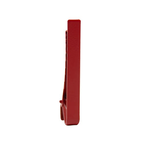 Solid cherry red metal tie bar standing on one end.