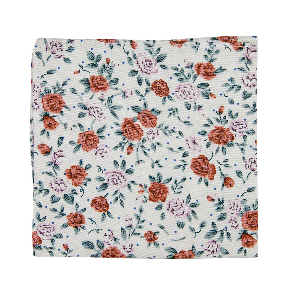 Citrus Pocket Square. Off white background with pink and orange flowers and light gray leaves throughout.