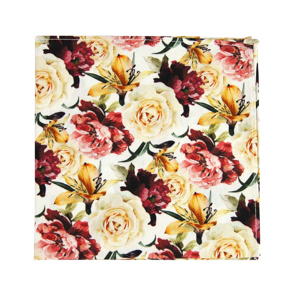 Coral Void Pocket Square. White background with ivory, maroon and gold flowers and green stems and leaves. 