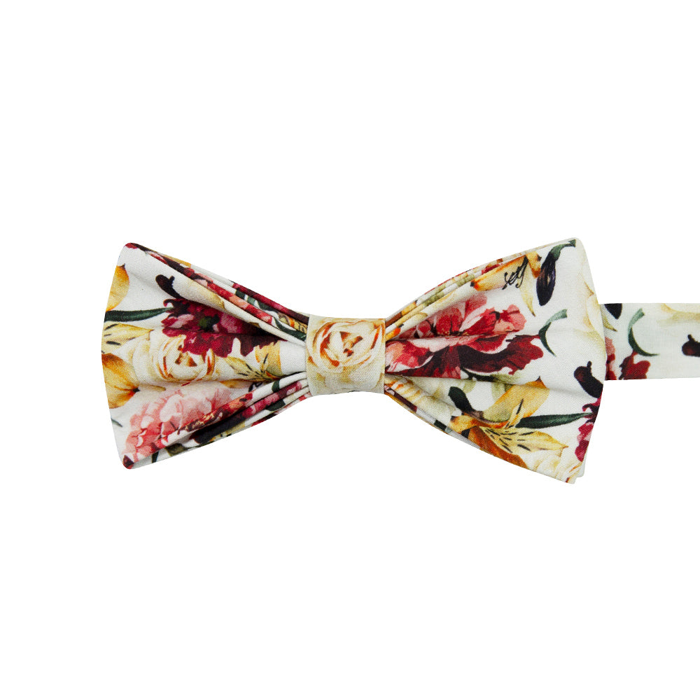 Coral Void Pre-Tied Bow Tie. White background with ivory, maroon and gold flowers and green stems and leaves. 