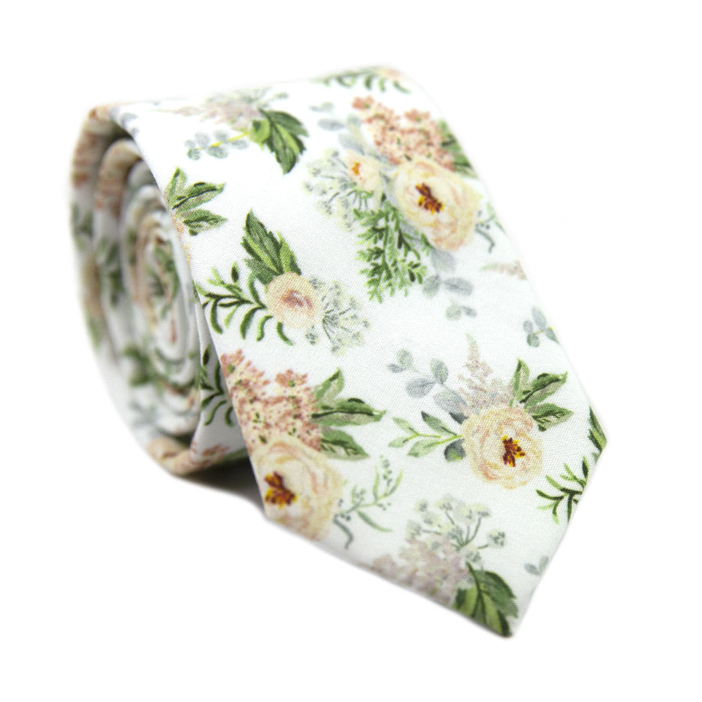 Desert Sun Skinny Tie. White background with round yellow flowers, green and silver leaves. 