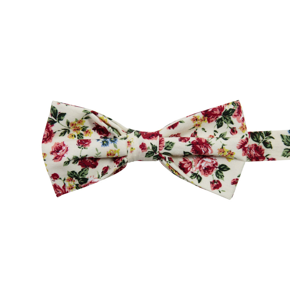 Fiore Pre-Tied Bow Tie. Cream background with maroon, yellow and blue flowers with green leaves. 
