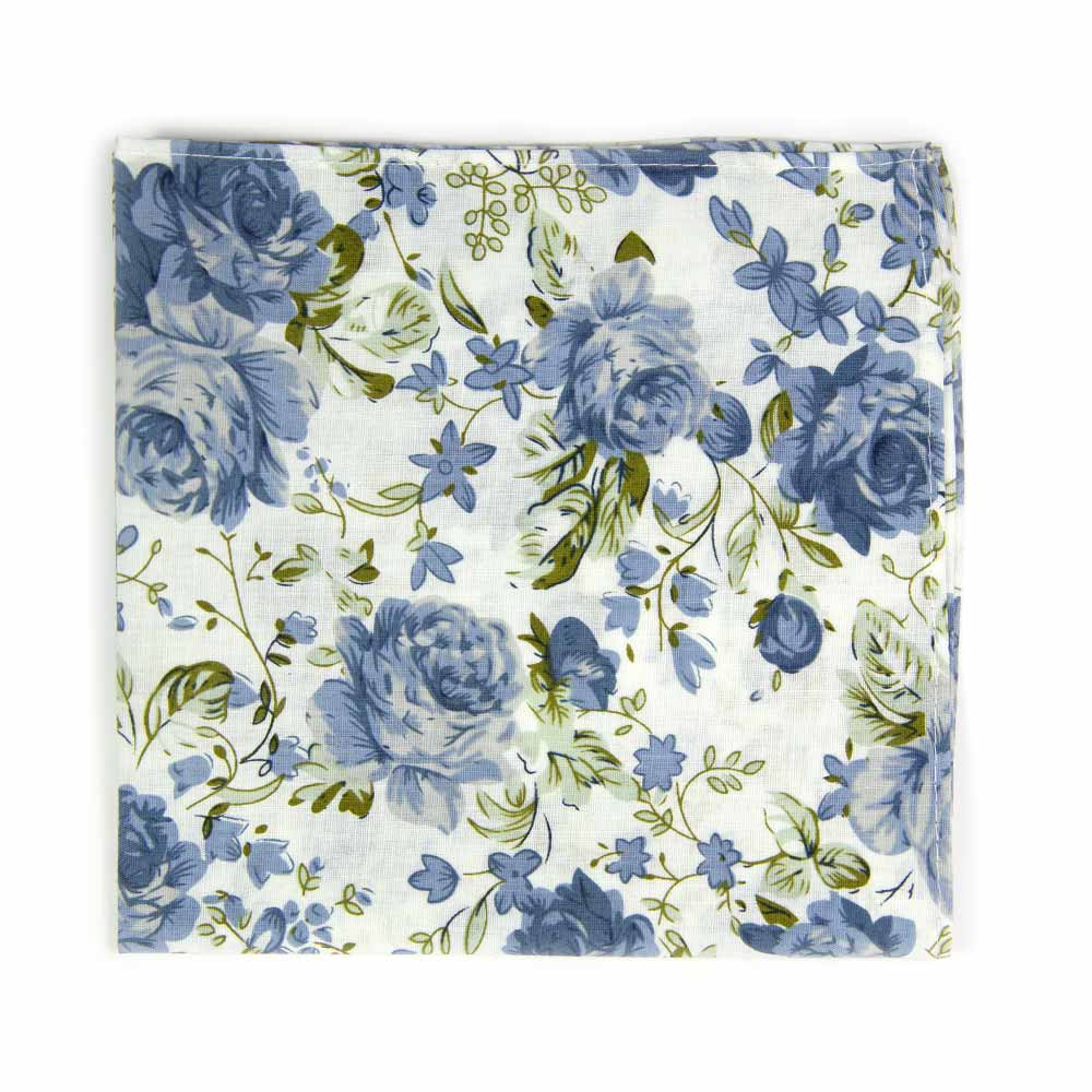 Frisco Pocket Square. White background with small and medium size light blue flowers and sage green leaves.