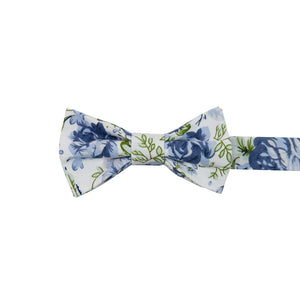 Frisco Pre-Tied Bow Tie. White background with small and medium size light blue flowers and sage green leaves.
