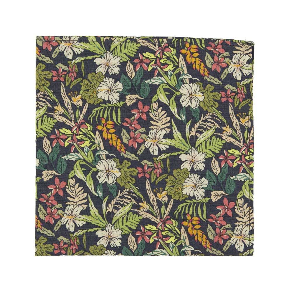 Jumanji Pocket Square. Grayish background with white, green, red, orange and yellow jungle leaves over the entire tie.