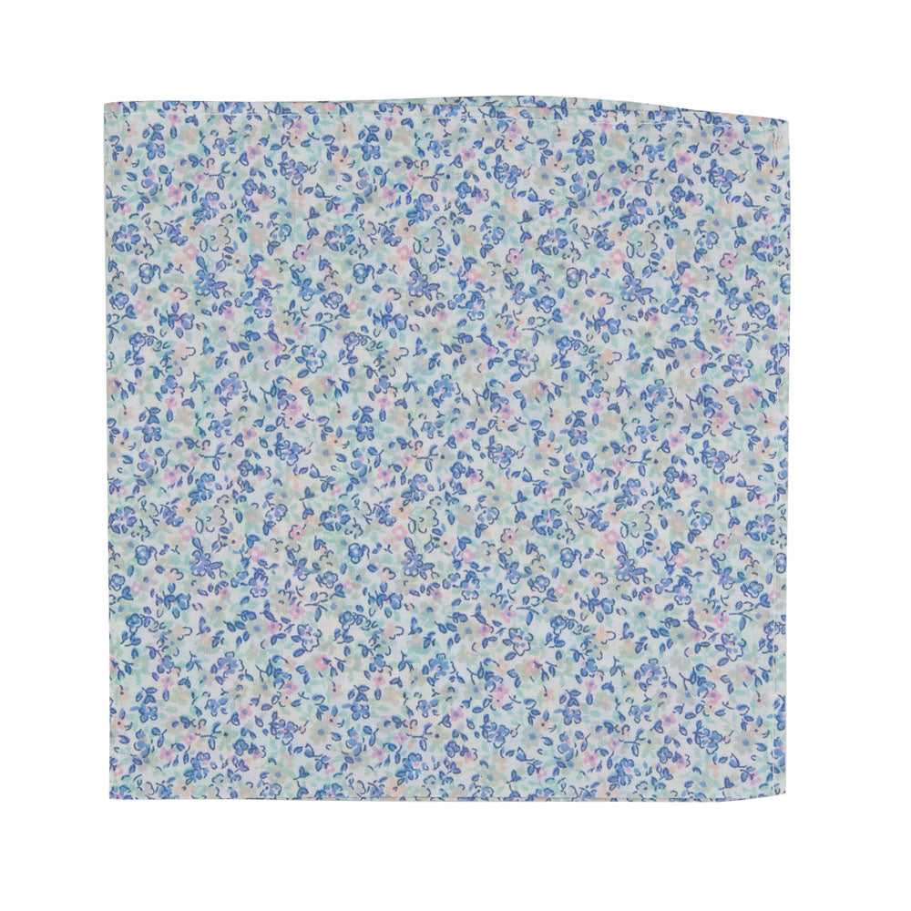 Misty Love Floral Pocket Square. White background with small blue, green, and pink flowers and mint green and blue leaves throughout.