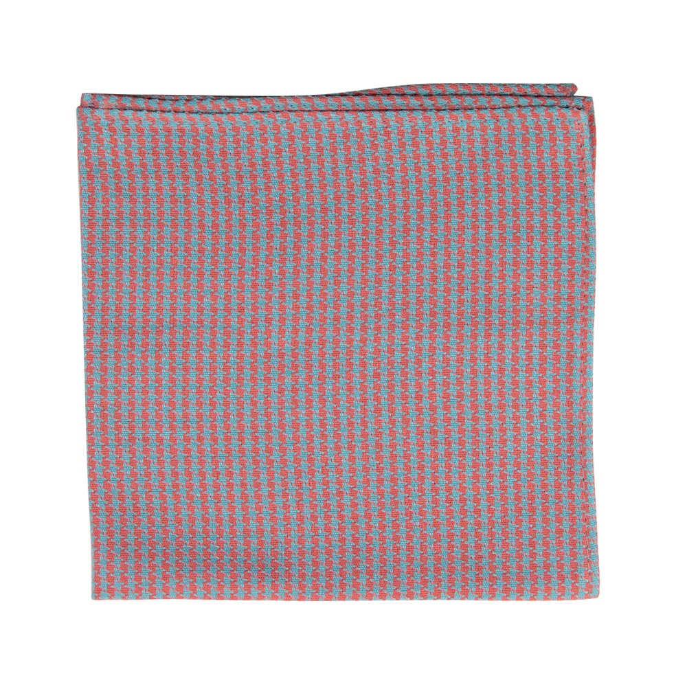 Opal Weave Pocket Square. Herringbone weave pattern of light blue and salmon color fabric. 