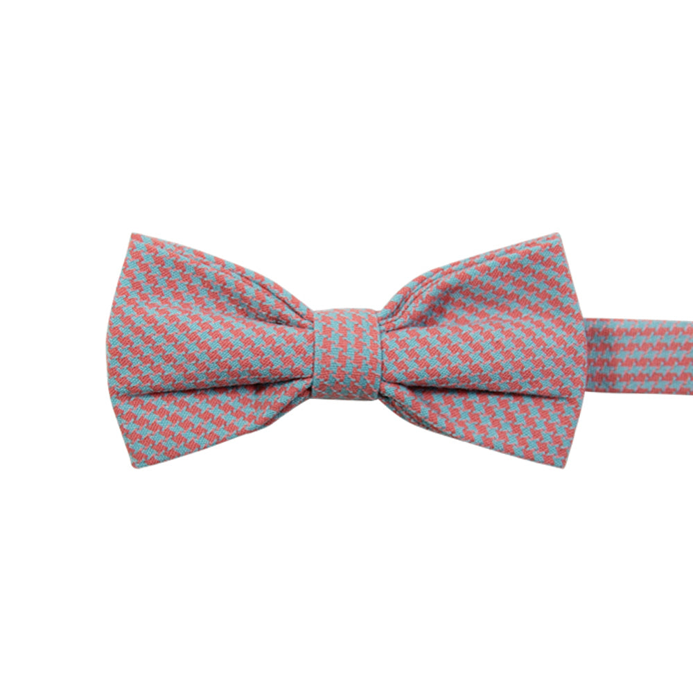 Opal Weave Pre-Tied Bow Tie. Herringbone weave pattern of light blue and salmon color fabric. 