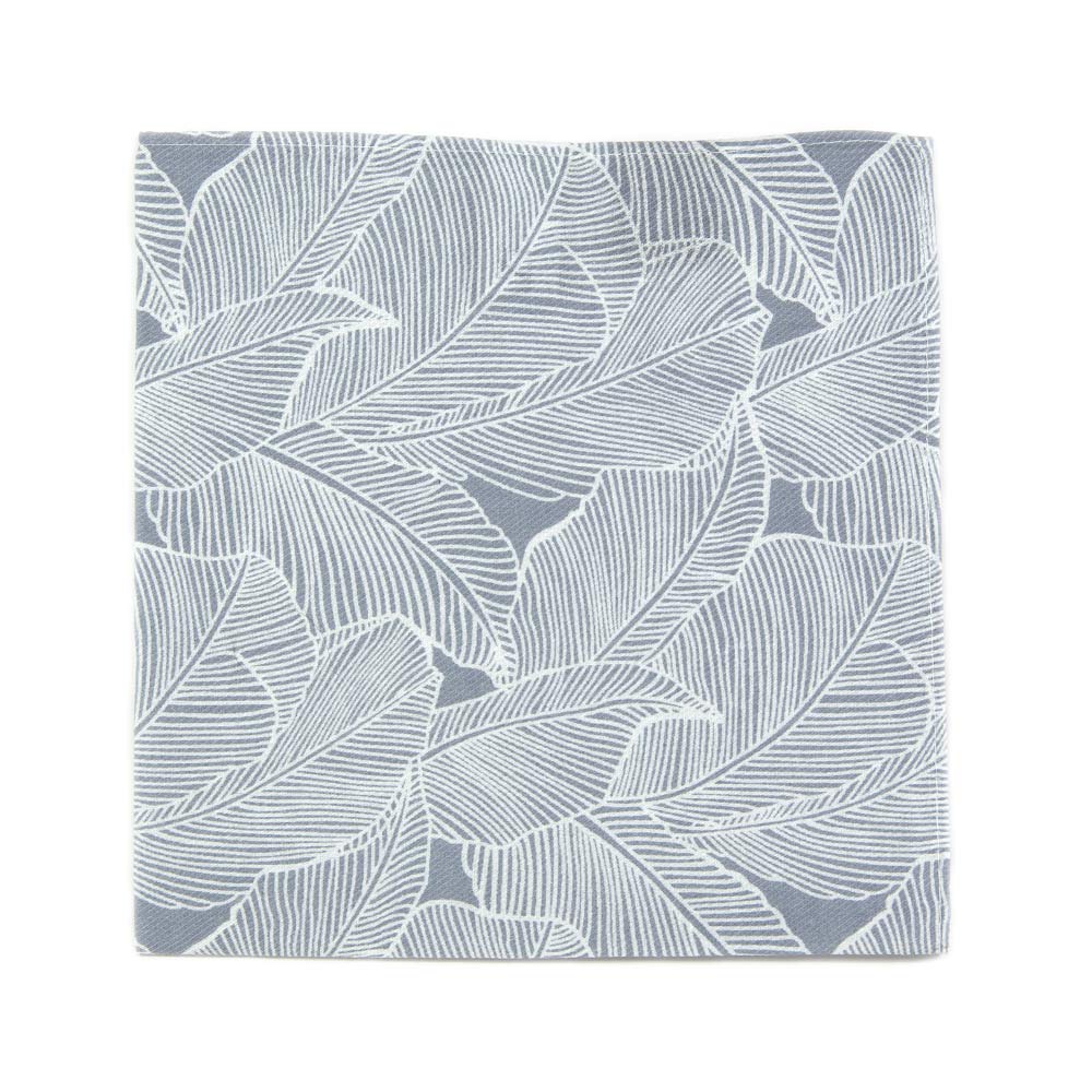 Palm Pocket Square. Blue/gray background with white palm leaf pattern over entire tie.