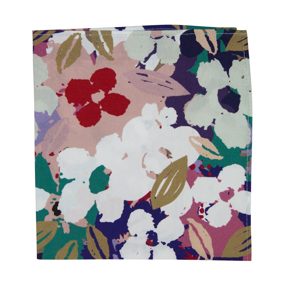 Surfs Up Pocket Square. Big white and red flowers with gold and pink leaves on top of a teal, pink, purple and blue background.