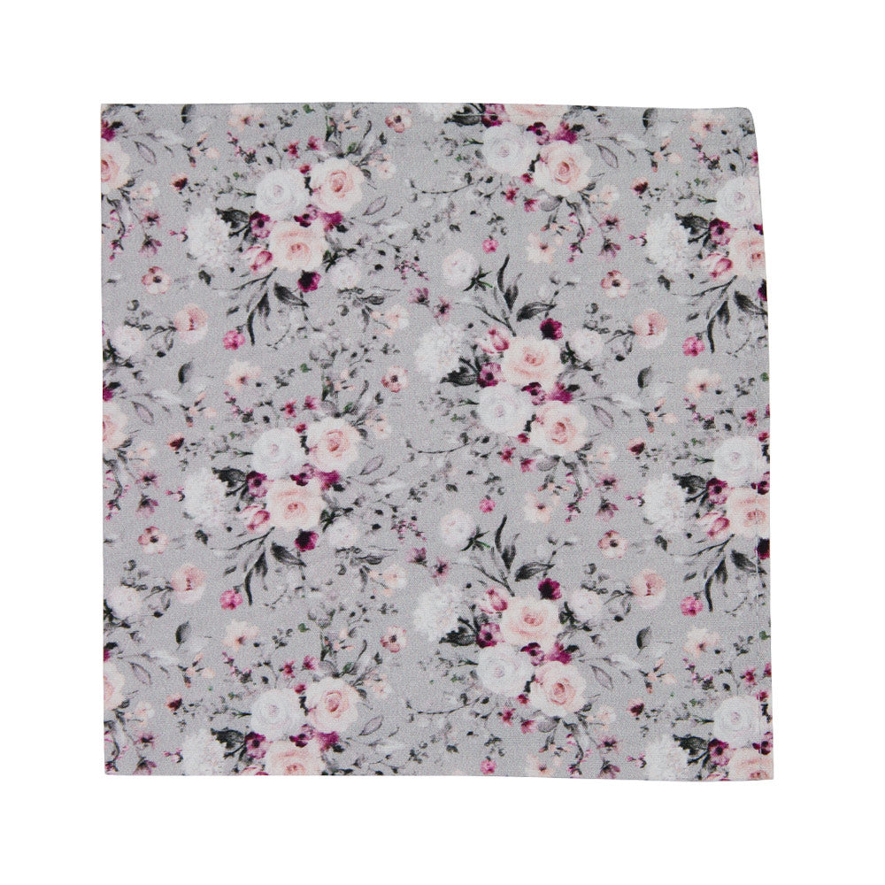 Sweet Pea Pocket Square. Light gray background with groups of white, blush and burgundy flowers and black and gray stems and leaves.