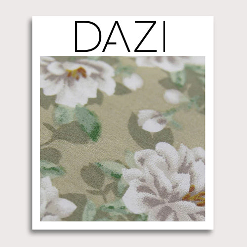 Alyssum Fabric Swatch Sample. 3" x 4" fabric sample on cardstock. Light sage green background with medium white flowers and green leaves patterned throughout.