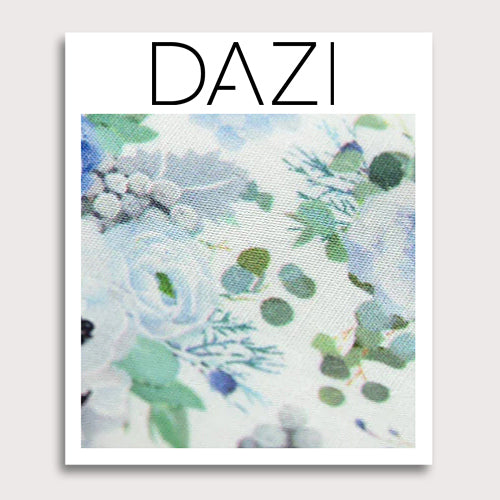 Arctic Ice Fabric Swatch Sample. 3" x 4" fabric sample on cardstock. White background with dusty blue and navy blue flowers and succulents with green leaves.