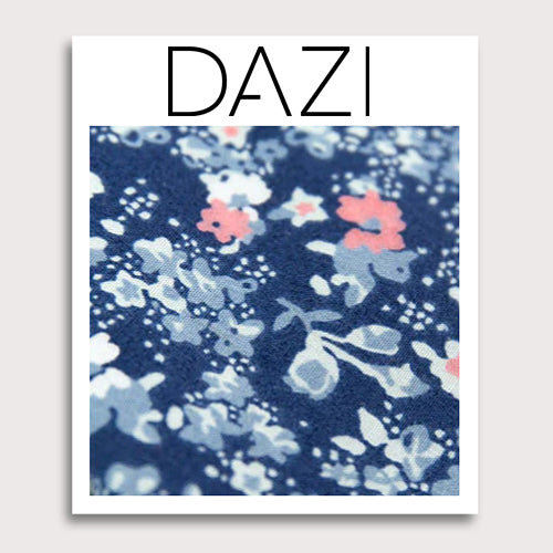 Atlanta Fabric Swatch Sample. 3" x 4" fabric sample on cardstock. Navy background with small dusty blue, white, and blush pink flowers.