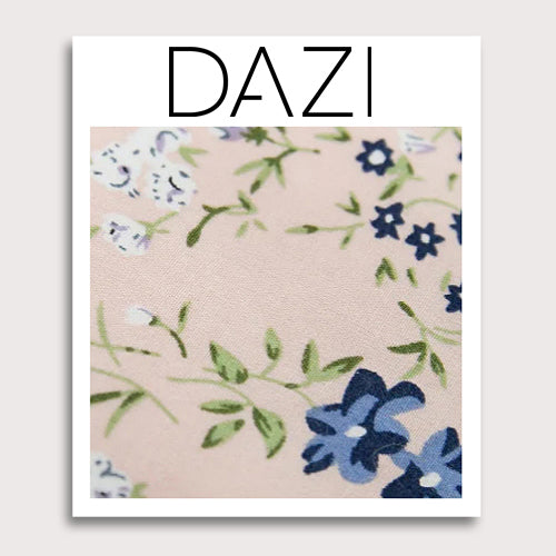 Baby's Breath Fabric Swatch Sample. 3" x 4" fabric sample on cardstock. Blush background with blue, white and lavender flowers, with green leaves and stems.