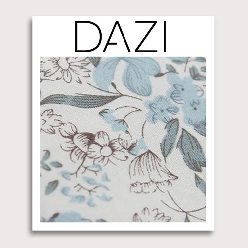 Baltic Fabric Swatch Sample. 3" x 4" fabric sample on cardstock. White background with various sizes of flowers and leaves in multiple shades of dusty blue.