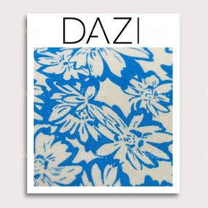 Blue Daisy Fabric Swatch Sample. 3" x 4" fabric sample on cardstock. Light cream background with big blue daisy flowers.