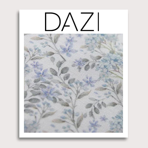 Bluebell Fabric Swatch Sample. 3" x 4" fabric sample on cardstock. White background with small dusty blue flowers and sage green stems and leaves throughout.