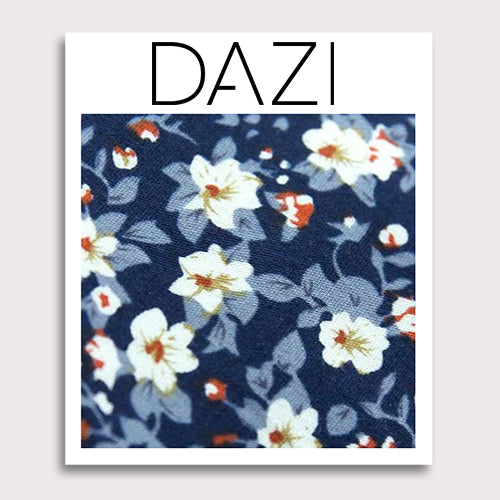 Blueberry Bliss Fabric Swatch Sample. 3" x 4" fabric sample on cardstock. Navy background, light blue leaves, and small white flowers with a little red center.