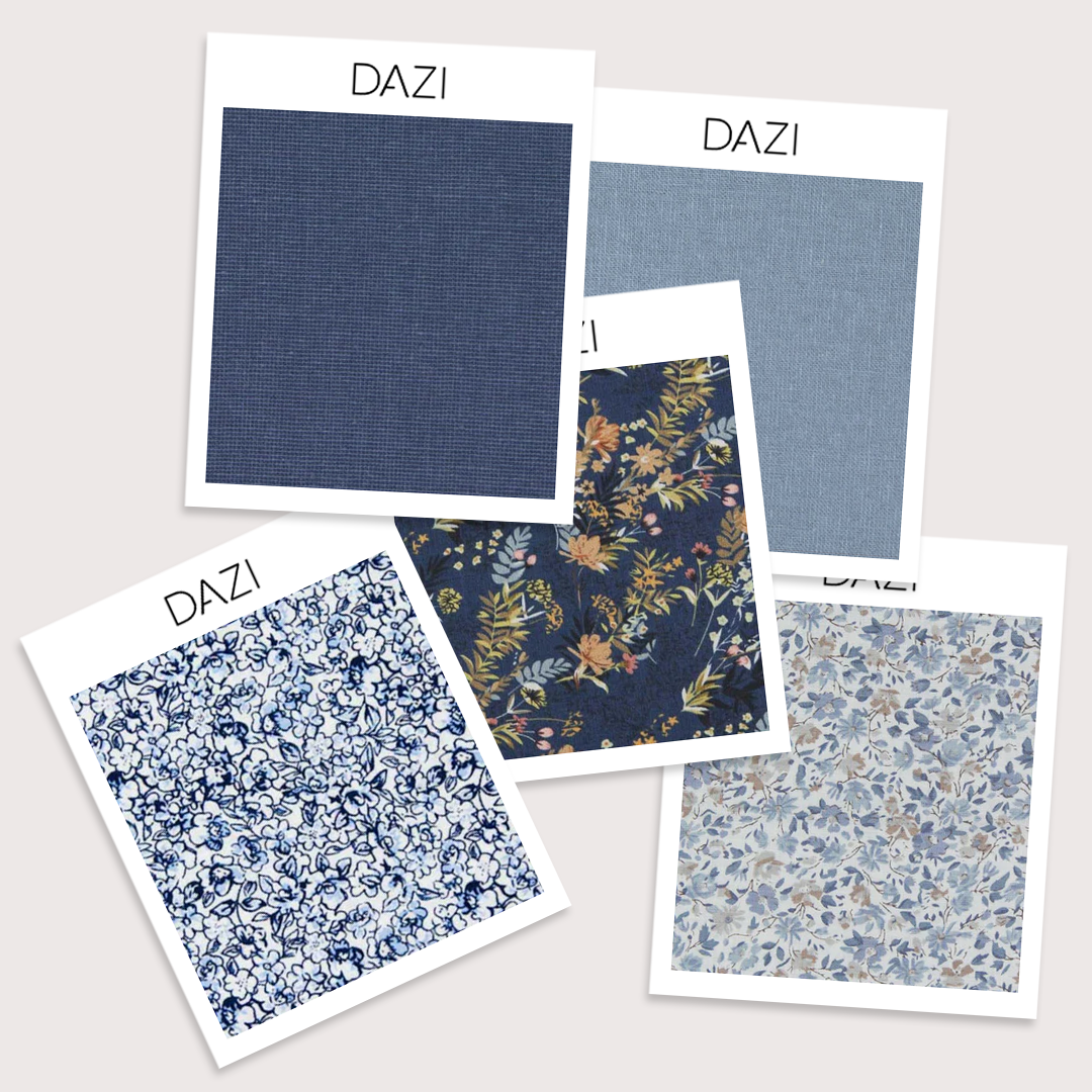 Fabric Swatch Bundle with Dusty, Tiger Lily, Powder, Navy and Scorpion Grass.