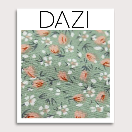 Calla Lily Floral Fabric Swatch Sample. 3" x 4" fabric sample on cardstock. Sage green background with small white and coral flowers throughout.