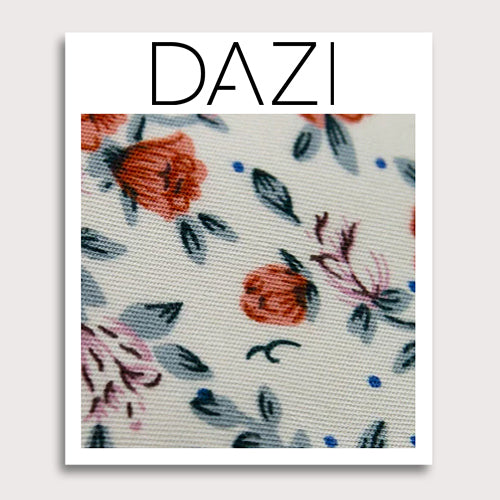 Citrus Fabric Swatch Sample. 3" x 4" fabric sample on cardstock. Off white background with pink and orange flowers and light gray leaves throughout.