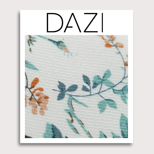 Copper Blooms Fabric Swatch Sample. 3" x 4" fabric sample on cardstock. White background with gold and orange flowers, green vines and leaves.