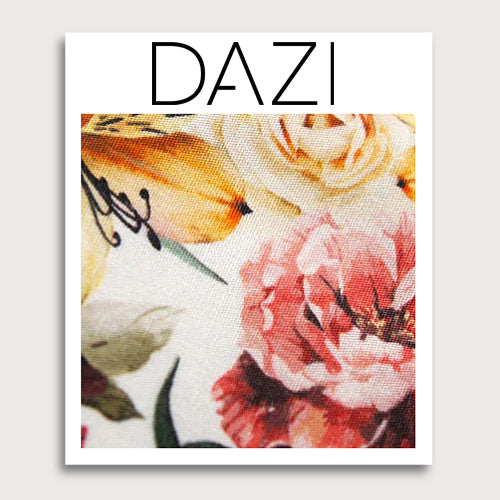 Coral Void Fabric Swatch Sample. 3" x 4" fabric sample on cardstock. White background with ivory, maroon and gold flowers and green stems and leaves.