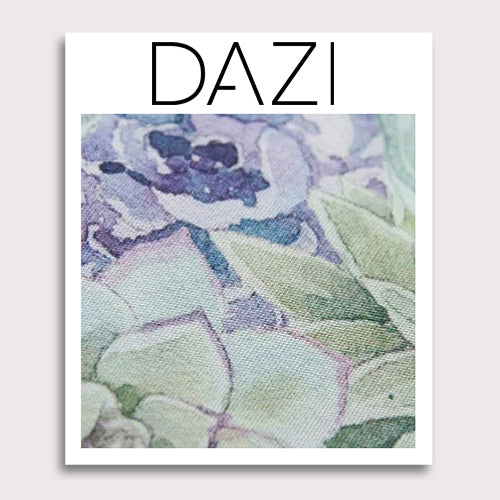 Crested Sunburst Fabric Swatch Sample. 3" x 4" fabric sample on cardstock. Blue, green and purple succulent plants throughout.