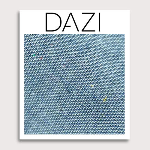 Crew Fabric Swatch Sample. 3" x 4" fabric sample on cardstock. Blue textured background with small spots of navy, yellow and red.