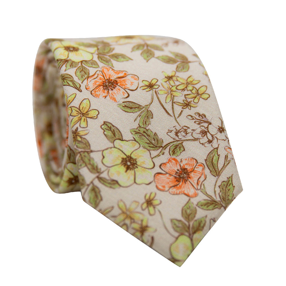 DAZI Aspen Tie. Off-white background with yellow, orange and white flowers and green leaves. 