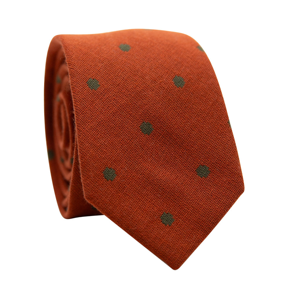 Autumn Dots Skinny Tie. Rust orange background with sage green dots. 