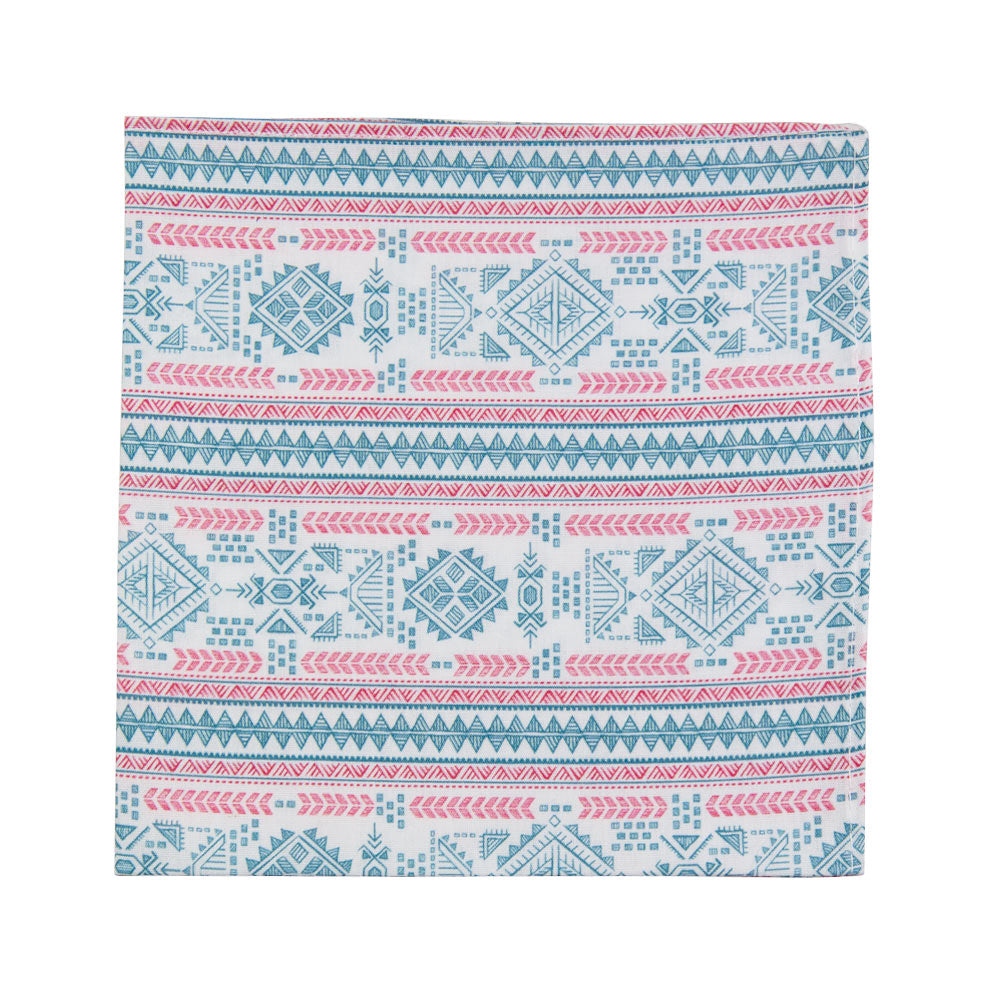 Aztec Pocket Square. White background with red and blue tribal aztec pattern.